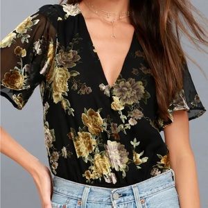 REVOLVE ASTR The Label Medium Black Floral Eliza Velvet Bodysuit Faux Wrap Mesh